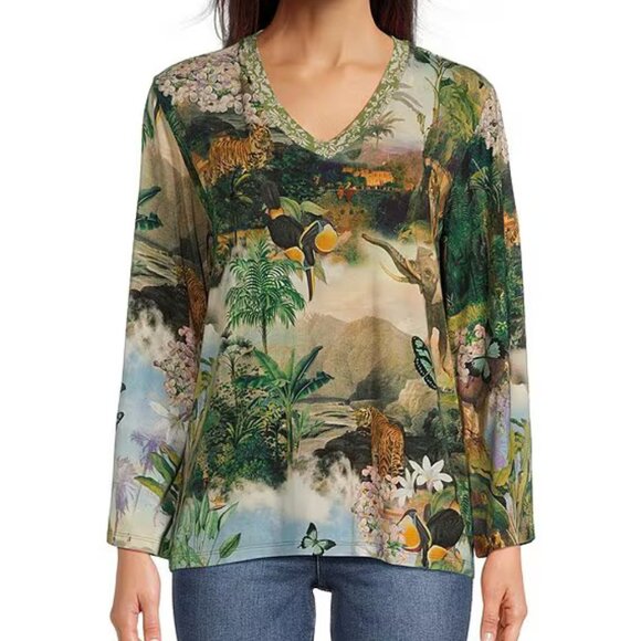 Johnny Was Rawi Janie Favorite Kimono Sleeve Tee Shirt Wild Animal Green Top NEW - Picture 1 of 10